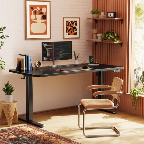 Image of Huuger Electric Standing Desk with Power Outlets and USB-C Port, 55 X 24 Inch Height Adjustable Desk, Sit Stand Desk for Home Office, Computer & Gaming Desk with 4 Presets, Stable Steel Frame, Black