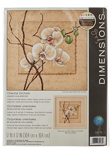Image of Dimensions 'Oriental Orchids' Counted Cross Stitch Kit, 14 Count Beige Aida, 12 inch x 12 inch
