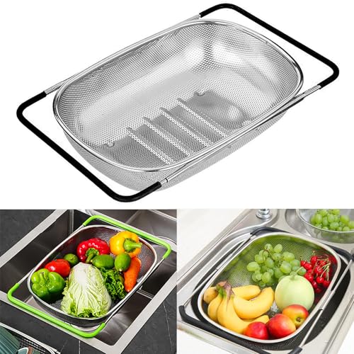 Scolapasta Acciaio Inox, Scolapasta Da Lavello, Scolapasta Per Stoviglie, Colino Cucina Per Il Lavaggio Di Verdura e Frutta, Estensibile, Utensili Da Cucina (Nero, Fori fini)