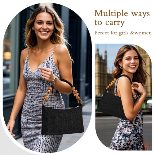 Image of Small Straw Shoulder Bag for Women, Woven Summer Handbag with Wooden Beaded Handle Vacation Purse
