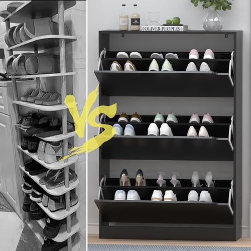 Image of HUANLEGO Black Shoe Cabinet for Entryway with 3 Flip Drawers, 31.5 inch W | Hidden Shoe Rack for Entryway, Freestanding Shoe Storage for Hallway,, Living Room, Entrance Organizer Closet