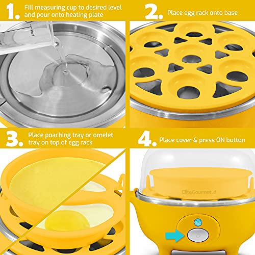 Image of Elite Gourmet EGC-007Y# Rapid Egg Cooker, 7 Easy-To-Peel, Hard, Medium, Soft Boiled Eggs, Poacher, Omelet Maker, Auto Shut-Off, Alarm, 16-Recipe Booklet, Yellow
