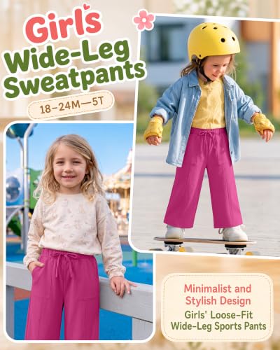 Image of Toddler Girls Wide Leg Pants | Baby Girls Sweatpants, Baggy Drawstring Pants with Pockets, Open Bottom Joggers, Back to School Trousers, for Kids 18M-5T
