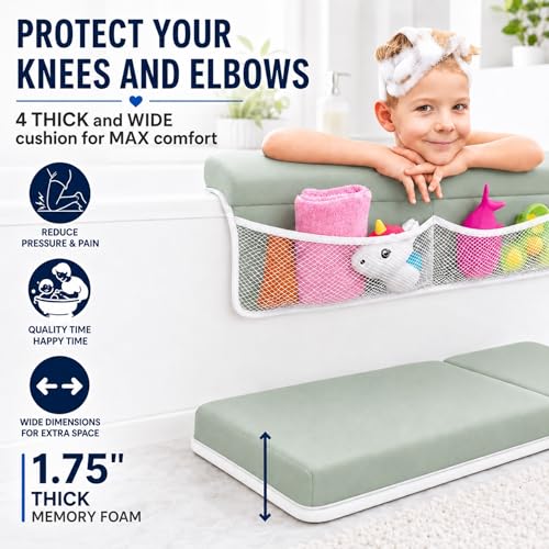 Image of Comfortable Baby Bath Kneeler and Elbow Rest Pad Set, Non-Slip Bathtub Kneeling Pad for Bathing Baby, Bath Tub Cushion Mat, Elbow Pads, Toy Organizer Storage Pockets, Strong Suction Cups (Green Gray)