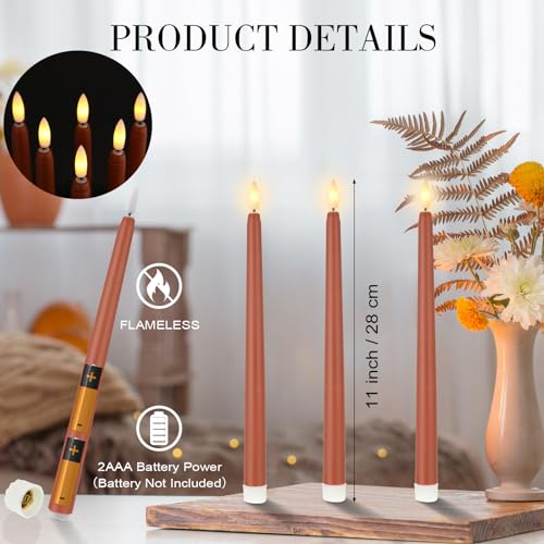 Image of Macarrie 24 Packs Flameless Taper Candles Battery Operated Fake 11 Inch Long Candlelight LED Flameless Candlesticks Flickering Tapered for Summer Fall Wedding(Brown)