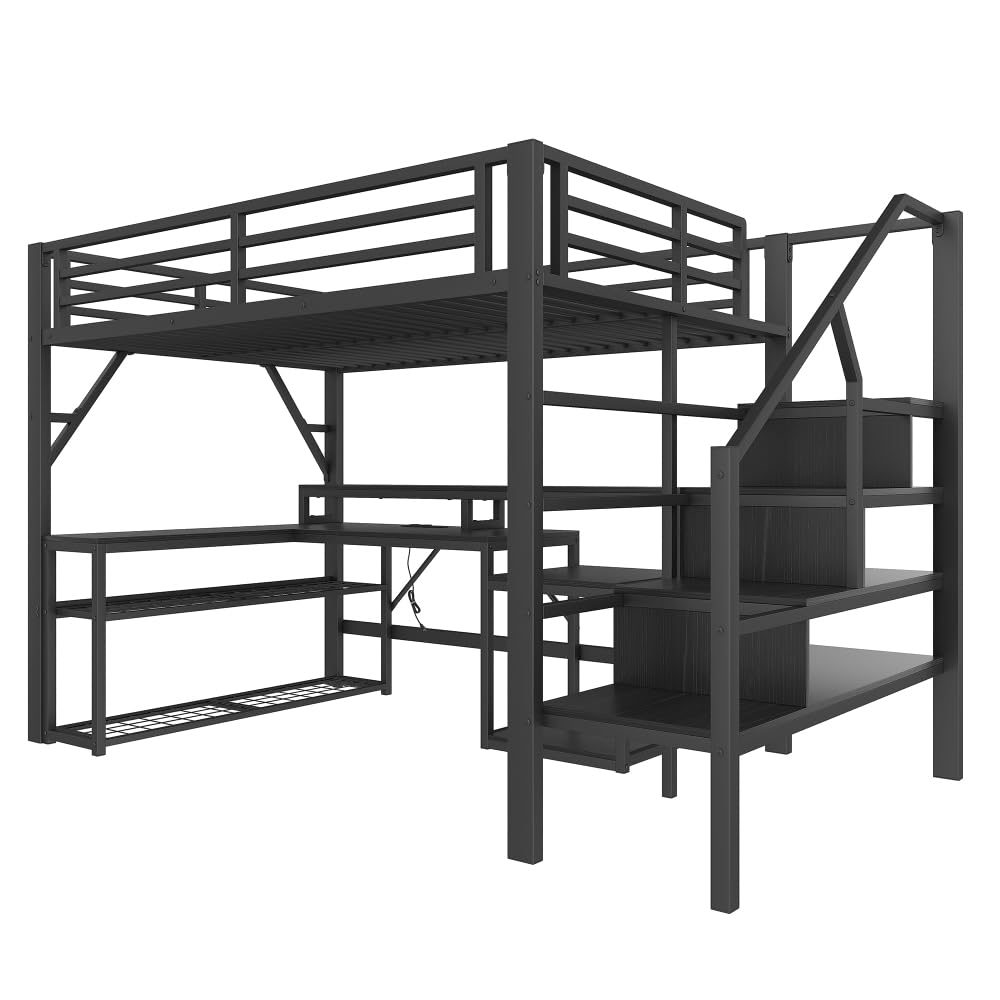 Sapgaks Lit Mezzanine 1 Place Enfant 140 x 200 cm avec éclairage LED et Port USB,lit Mezzanine avec Bureau lit superposé Enfant,lit Mezzanine escalier avec Espace de Rangement,Noir