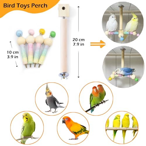 Image of Bird Perch Toy with Bells, Interactive Wooden 360 Spin Cage Toy(S) | Exercise Wheel Parrot Toy, Cotton Wrapped for Soft Grip, Enrichment Bird Cage Accessories for Budgies Lovebirds Cockatiel