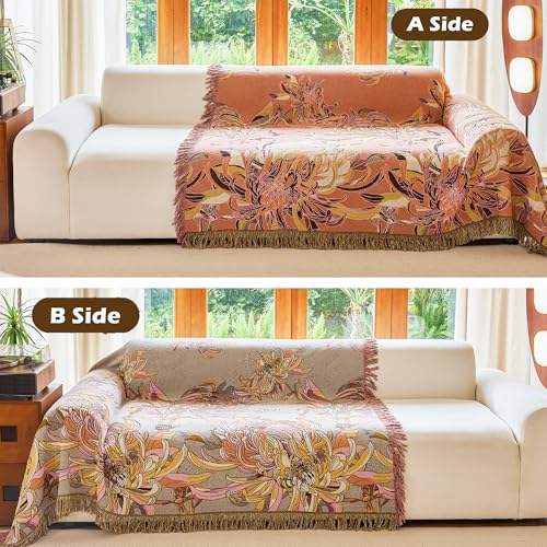 Image of VANJOROY Boho Throw Blanket 60 inch x 80 inch, 100% Organic Cotton Breathable Skin-Friendly Ultra Soft Bed Quilt Throw - Floral Rustic Decor Luxury Reversible Blanket for Sofa Couch Chair and Gift,