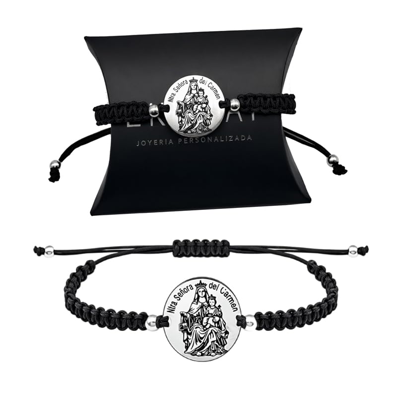 Ekonat- Medalla Virgen del Carmen acero- Pulsera Virgen del Carmen - pulsera hilo macrame y acero - ajustable hilo de algodón encerado (NEGRO)