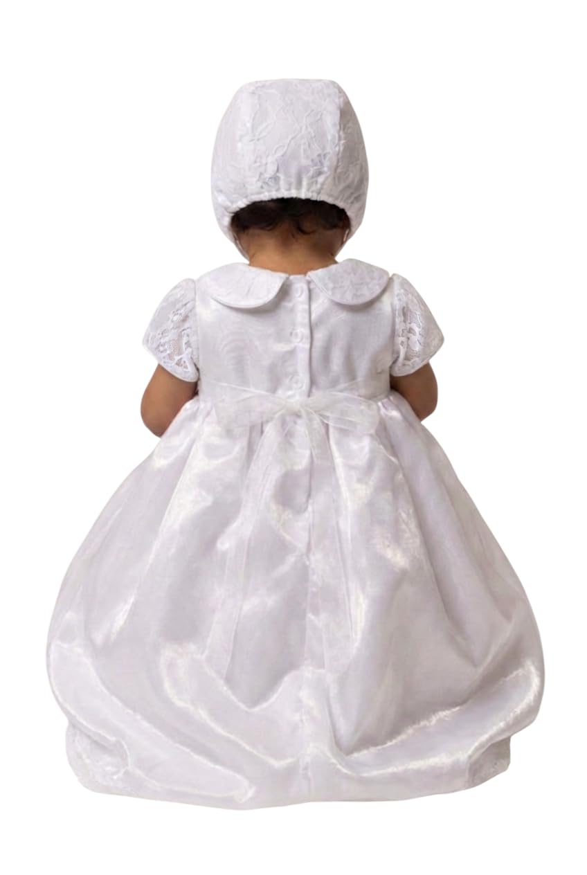Conjunto de Bautizo Tradicional Blanco para niña con Vestido y Gorro, Cuello Peter Pan