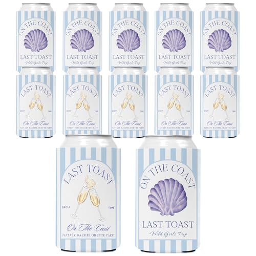 Image of Last Toast On The Coast Bachelorette Can Sleeves - 12 Pack Beach Bachelorette Party Beer Cozy Bulk, Funny Soda Can Coolers for Bachelorette Party Accessories
