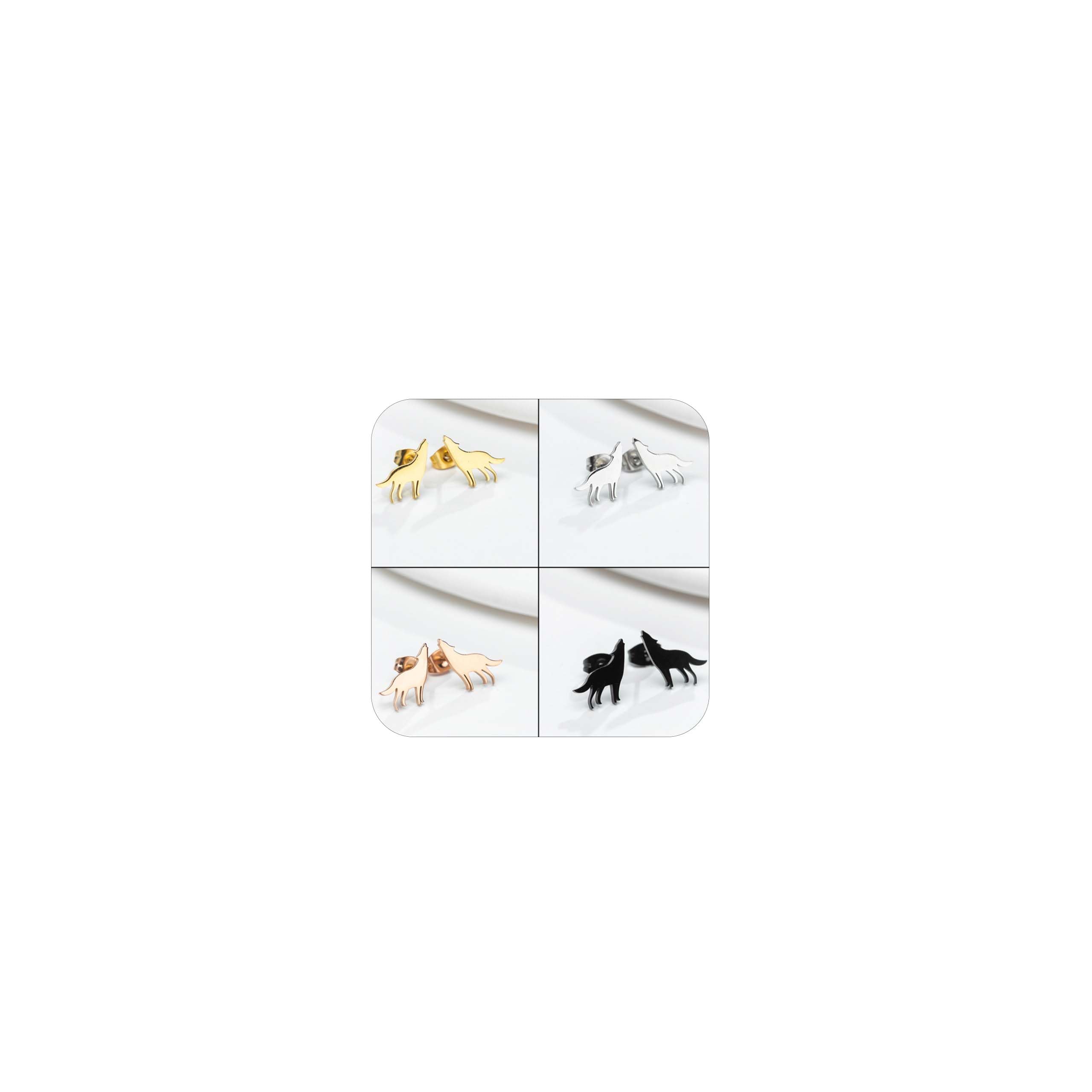 4 Pairs Wolf Stud Earrings Set for Women Animal Silhouette Post Earrings Gold Silver Rose Gold Black Tone Punk Minimalist Jewelry for Daily Wear Halloween Outfits Animal Lovers and Gifts