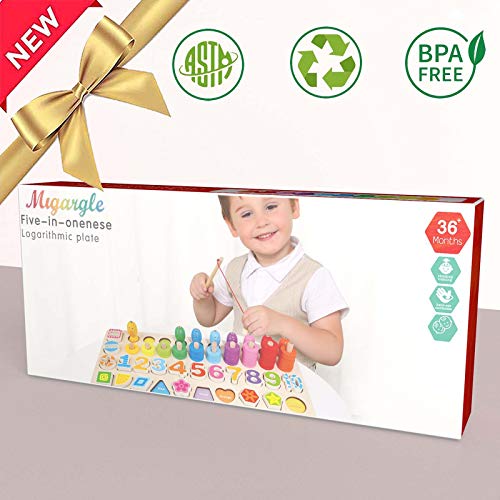 Wooden Number Puzzle Sorting Montessori Toys for Toddlers - Shape Sorter Game for age 3 4 5 6 year olds kids - Preschool Education Math Stacking Block - 5 In 1 Learning Wood Toys Jigsaw Board