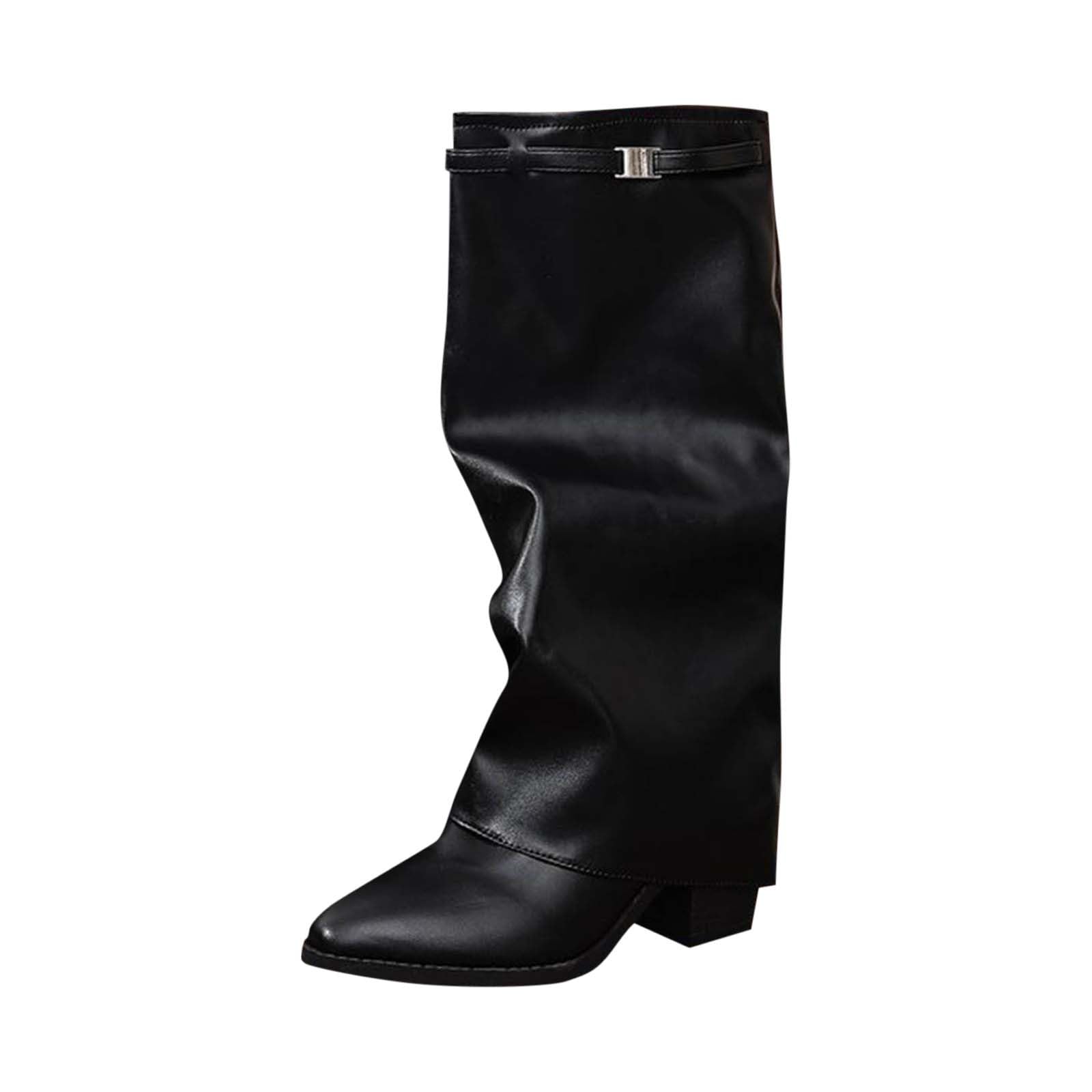 Womens Knee High Boots Chunky Block Heel Fold Over Winter Wide Calf Boots with Buckle Pointed Toe Mid