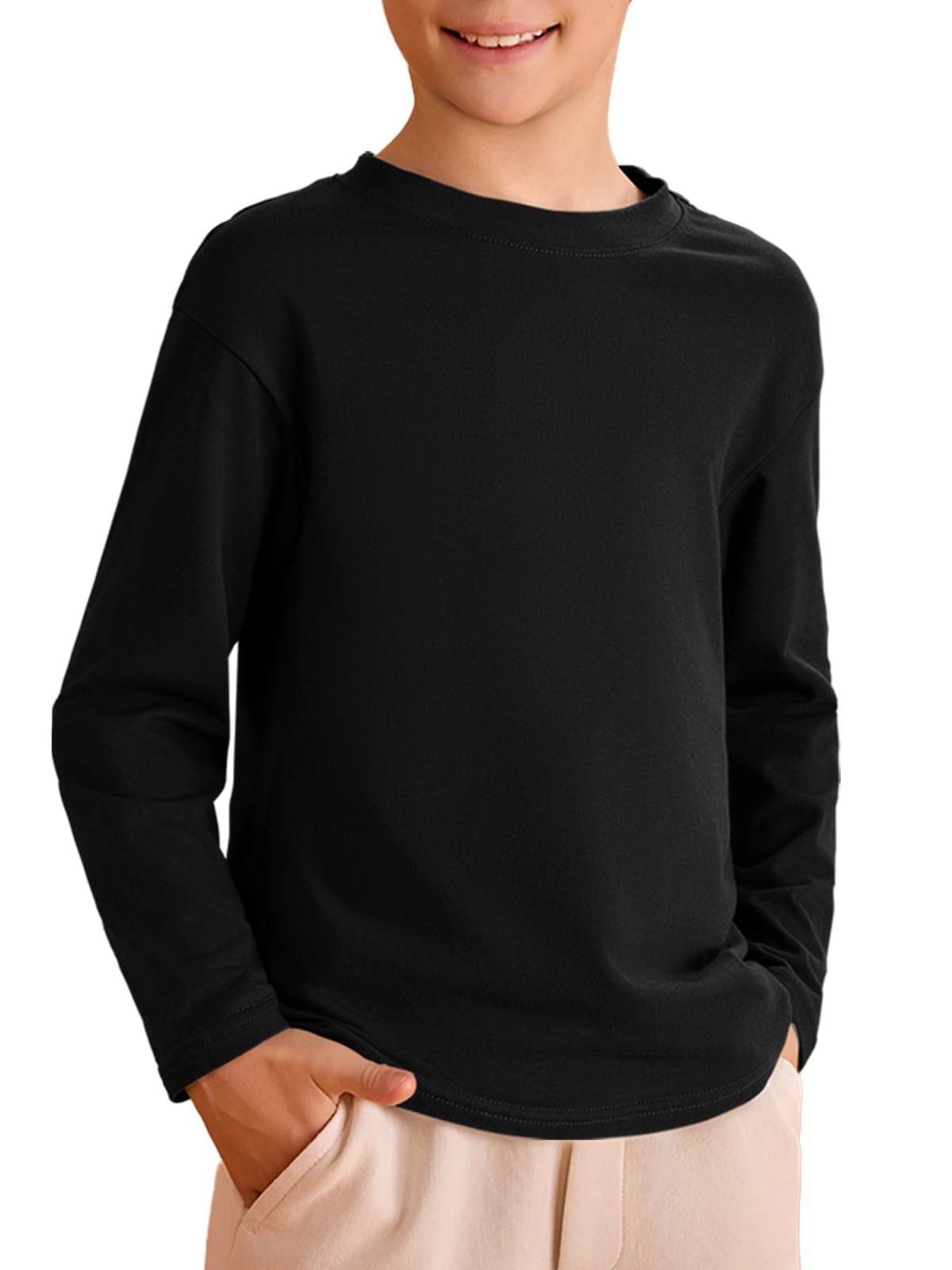 Photo 1 of Haloumoning Kids Boys Long Sleeve Crewneck T-Shirts Tee Tops 5-14 Years Black