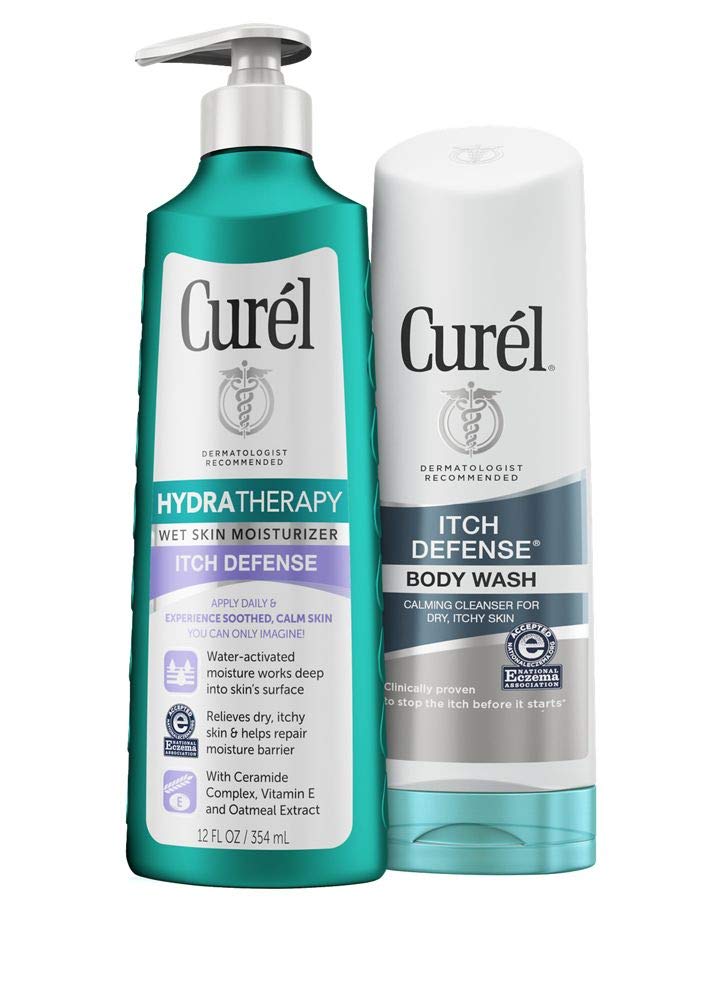 Curél Hydra Therapy, Itch Defense Moisturizer, Wet Skin Lotion, (12 Ounce) + Curél Itch Defense Calming Daily Cleanser, Body Wash, Soap-free Formula, for Dry, Itchy Skin, (10 Ounce)