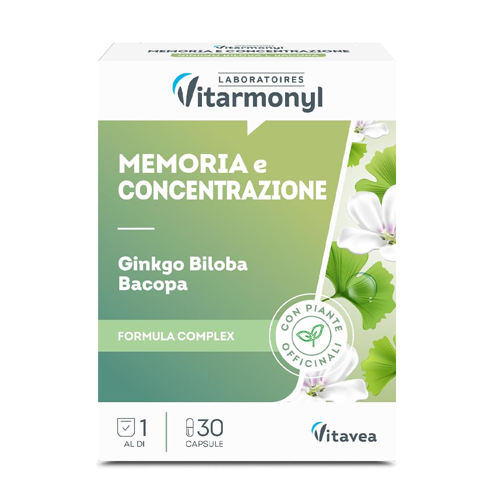 Memoria e Concentrazione - Integratore Alimentare con Ginkgo Biloba e Bacopa - Favorisce la Memoria e la Concentrazione - Benessere Mentale - Antiossidante - 30 capsule - Vitarmonyl