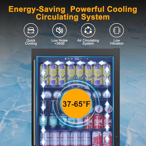 Image of Beverage Refrigerator 24 Inch 200 Can Drink Fridge with Glass Door, Under Counter /Freestanding Beverage Cooler with Temperature Control, Reversible Door, Quick Cooling for Beer Soda Wine, Black