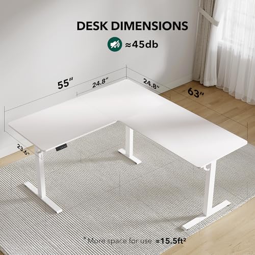 Image of FEZIBO 63 inch x 55 inchL Shaped Standing Desk Adjustable Height, 63 Inch Electric Stand up Corner Computer Desk, Sit Stand Home Office Desk with Splice Board, White