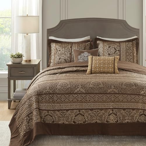 Madison Park Bellagio Reversible Quilted Bedspread Set, Solid Reverse Summer Breathable, Lightweight All Season Bedding Layer, Matching Shams, Bedspread Queen(102