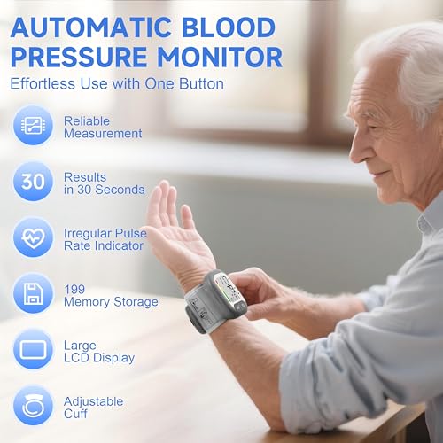 Blood Pressure Monitor Adjustable Wrist Cuff for Home Use Automatic BP Machine Large Digital LCD Display 199 Memory Batteries Included with Carrying Case, Grey - Image 3