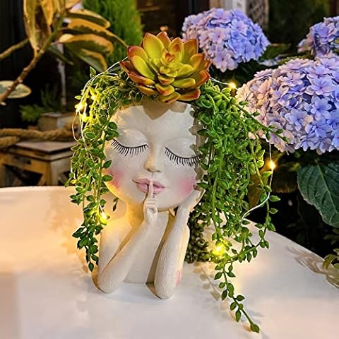 Solar Face Flower Pot,Head Planter Pot,with Led String Lights Succulent Planter Light,Warterproof Resin Cactus Planters,Cute Closed Eyes Lady Face Planter,for Indoor Outdoor Plant Garden Decor (Large) Cover