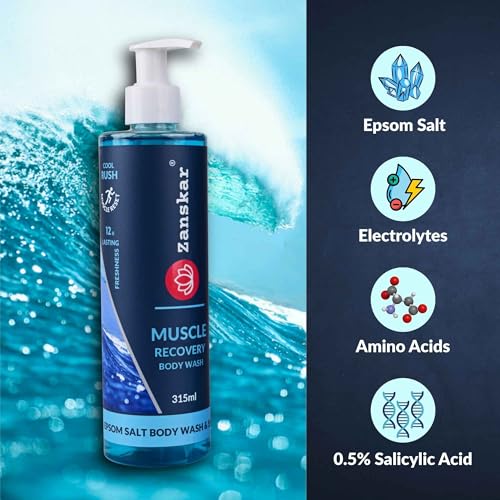 Image of Zanskar Epsom Body Wash (315 ml) for Workout Recovery | Active Lifestyle Shower Gel | Sore Muscles & Fatigue Relief | Salicylic Acid + Niacinamide + Amino Acids | Suitable for all Skin Types