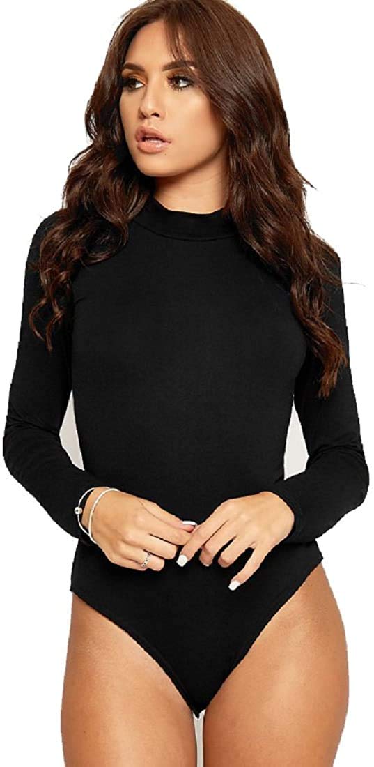GirlzWalk Women Turtle Neck Bodysuit Plain Long Sleeve Ladies Stretch Leotard Top (Black, ML)