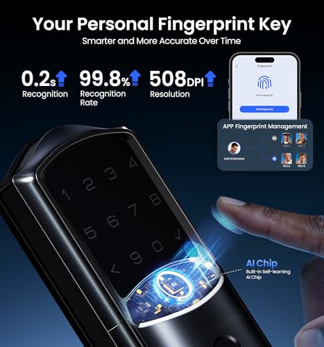 Veise VE027 Built-in Wi-Fi Smart Lock, Fingerprint Keyless Entry Front Door Lock, App Remote & Voice Control, No Hub Needed, Touchscreen Keypad Deadbolt, IP65 Waterproof, BHMA Grade 3, Matte Black thumbnail 5