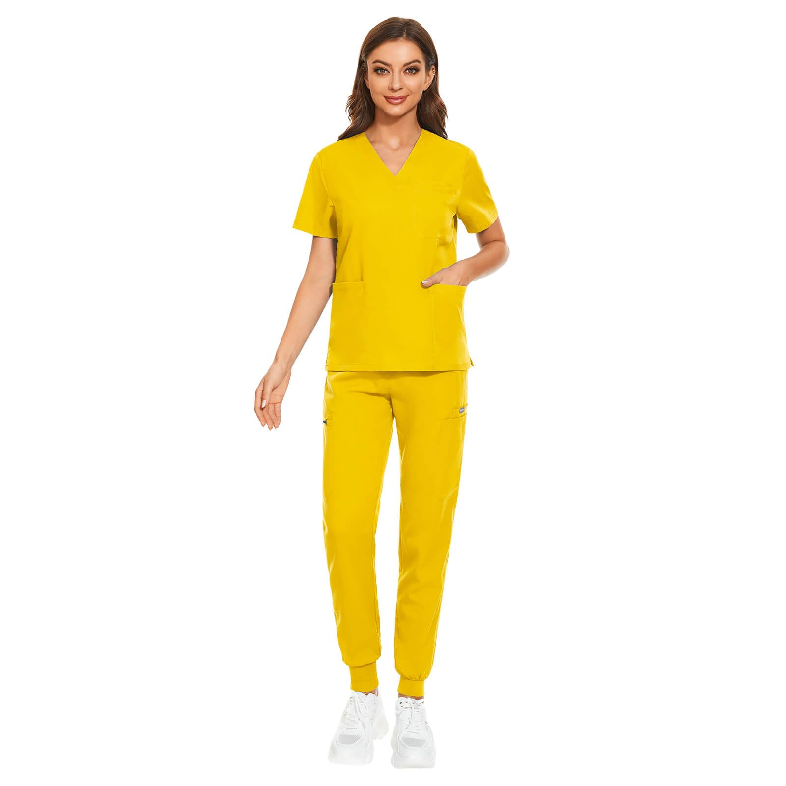 VIAOLI Scrubs for Women Set V-Neck Top & 8 Pocket Jogger Pants Womens Scrubs Nursing Uniform Solid Stretch Medical Scrub Set (Yellow,M)