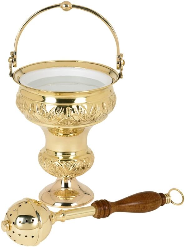 Ornate Brass Holy Water Pot with Sprinkler Set