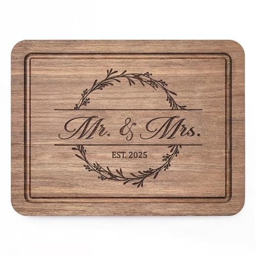 Craftique Wedding Gifts for Couples 2025, Bridal Shower Gifts- Walnut Wood Cutting Board Engraved with Mr. and Mrs. EST. 2025- Mr and Mrs/Wedding/Engagement Gift for Newlyweds Bride and Groom