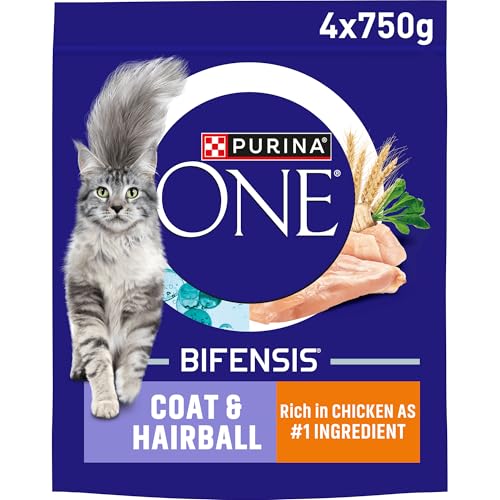 PURINA ONE Coat and Hairball Chicken Dry Cat Food 750g (Pack of 4)