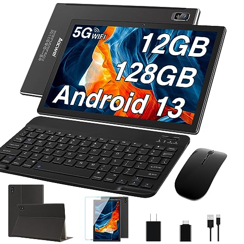 Image of 10 inch Tablet with Keyborad Octa-Core Android 13 Tablets PC with 12GB RAM 128GB ROM 1TB Expand, 8000 mAh Battery, 1280 x 800 IPS Display, 5G WiFi, GPS, Dual Camera,Case Mouse, Split Screen (Black)