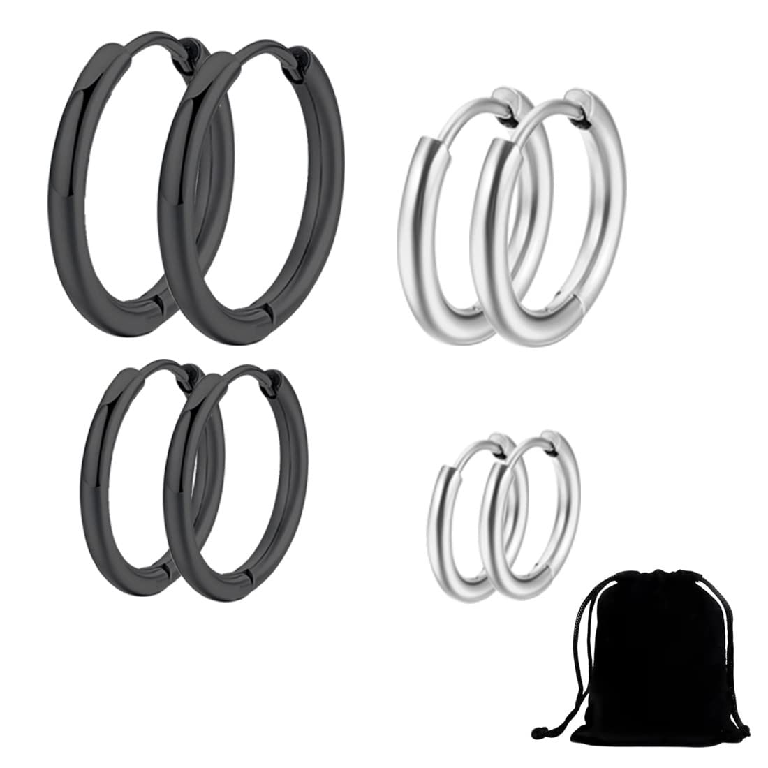 LICHUANUK 4 Pares de Pendientes de Aro de Cartílago Pendientes de Aro Pequeños de Acero Inoxidable Anillos de Labio Nariz,Mujer, Hombre, Plata, Negro