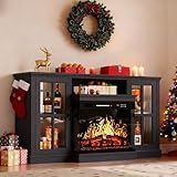 YESHOMY Glass Fireplace TV Stand for Televisions up to 65', Media Entertainment Center Console Table with Led Lights, Black