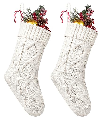 2 Pack Christmas Stockings, 14 Inches Cable Knitted Stocking Gifts & Decoration for Family Holiday Xmas Party Decor, Ivory White