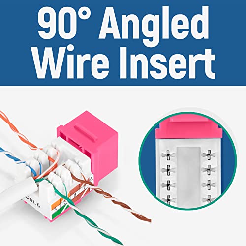 Image of Everest 90 Degree RJ45 Cat6 Keystone Jacks Slim Profile 50-Pack Pink | Compatible with 90 Angled Speed Termination Tool - easyJACK (B094WB91H3)