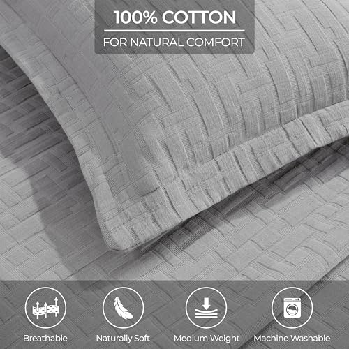 Superior 3 Piece Cotton Bedspread and Sham Set, Home Bed Decor, Decorative Bed Spread, 2 Pillow Shams, Medium Weight, Geometric Matelasse Coverlet, Bedding Essentials, Madrid Collection, King, Grey