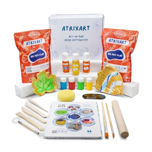 Atrixart All in One Pottery Kit for Beginners. The Craft Kit has 2kg Air Dry Clay for Adults How to Guides & Templates Paints and Modelling Clay Sculpting Tools Gold Edition