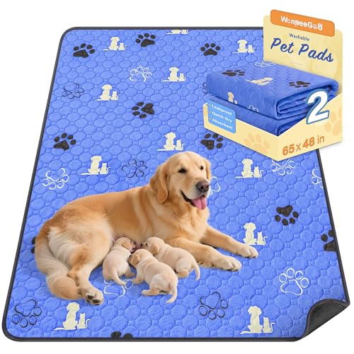 Image of WanpeeGoo Washable Pee Pads for Dogs, Waterproof, 65 x 48 in, 1 Pack, Blue | Super Absorbent, Waterproof and Non-Slip; Washable, Reusable Dog Pads for Crates, Playpens, Floors, Furniture and Travel