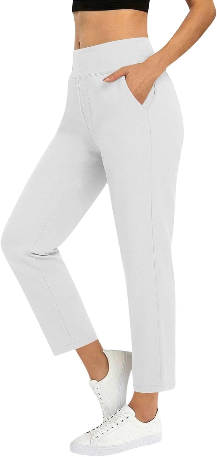 Women’s High Waisted Straight Leg Cropped Pants Elastic Waist Casual Trousers with Pockets Lightweight Hiking Travel Clothes