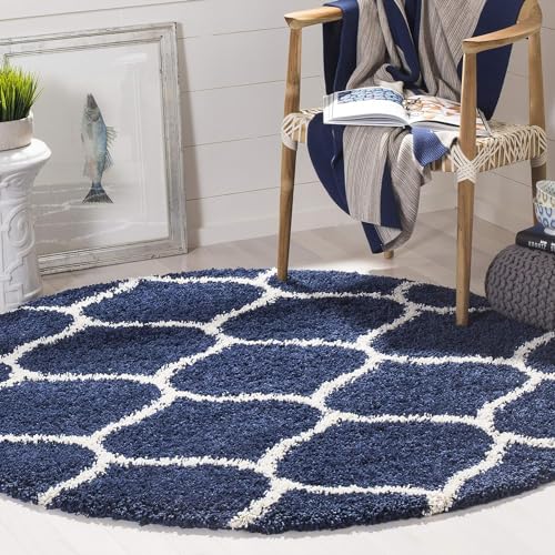 Image of Modern Shaggy Round Rug | Ultra-Soft Plush Circle Carpet for Living Room, Bedroom, Nursery | Fuzzy, Fluffy Area Rug with Non-Slip Base (Blue M, 4x4 feet, Round)