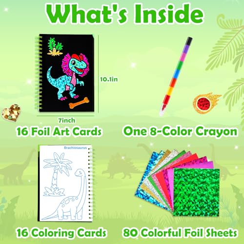 Image of FUNNYB&G Foil Art Craft Kit for Boys 4-10 Years Old: Mess-Free & No-Glue, Create 16 Sparkly Dinosaur World Pictures - Perfect Travel Toy & Birthday Gift for Kids (Dinosaur World)