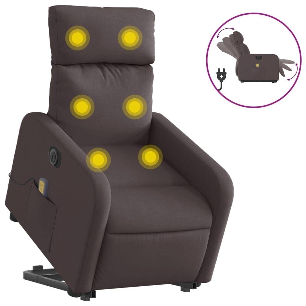 Sillón elevador eléctrico con masaje de 6 puntos y reclinación automática, tejido marrón oscuro, función elevación y vibración, estructura estable de madera