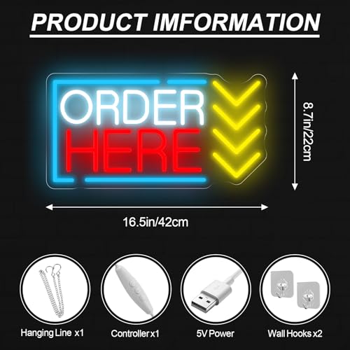Image of Order Here Neon Sign Coffee Restaurant Ordering Area LED Light | Shop Opening Gift USB Powered Dimmable Oder Sign Cafe Bar Decor Business Wall Decoration 16.5 inchx8.7 inch