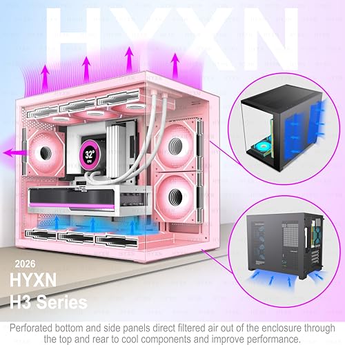 Image of H3 HYXN ATX PC Case - Pre-Installed with 6 Infinity Mirror PWM ARGB Fans - Compact Dual Cavity Mid-Tower PC Gaming Case - with Type-C 3.2-360mm Radiator Support, Pink