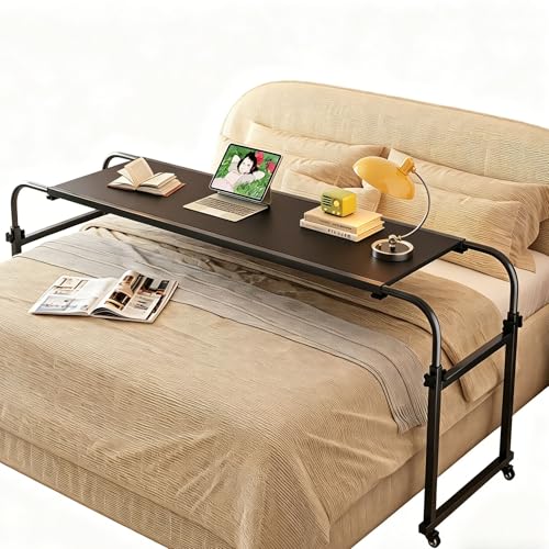 TigerDad Overbed Table with Wheels, Rolling Desk for King Queen Full Bed Heavy Duty, 55'-83' Adjustable Length & Height Hospital Nursing Table, Mobile Cross Bed Laptop Stand for Home Work, Black