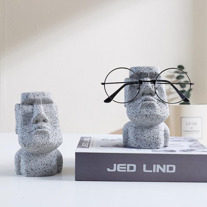 Eyeglasses Holder Stand - Easter Island Moai Statue Design, Resin Glasses Display for Desk, Sunglasses Organizer, Unique Home Office Decor, Gift Idea for Eyewear Lovers (Rock Grey)