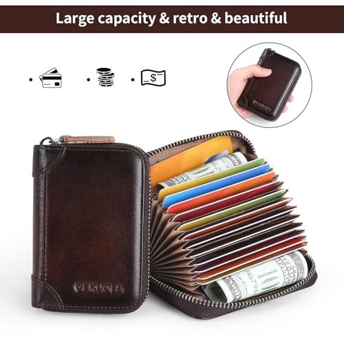Genuine Leather Credit Card Holder Case RFID Blocking Travel Passport Wallet， Small Card Case for Men Accordion Wallet with Zipper ，Compact Size (Coffee)2